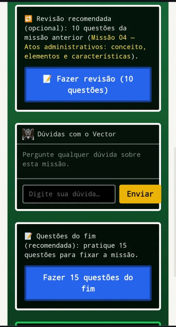 Missão no celular: botão de revisão com 10 questões, dúvidas com o Vector e 15 questões do fim