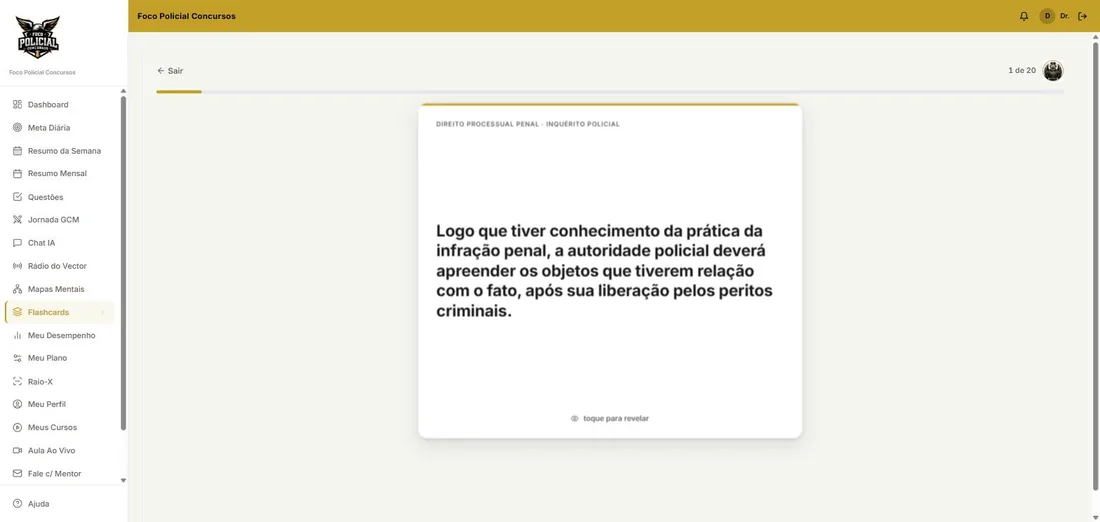 Flashcard aberto de Direito Processual Penal, com a opção de revelar a resposta