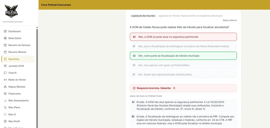 Questão corrigida: alternativa errada em vermelho, gabarito em verde e análise de cada alternativa