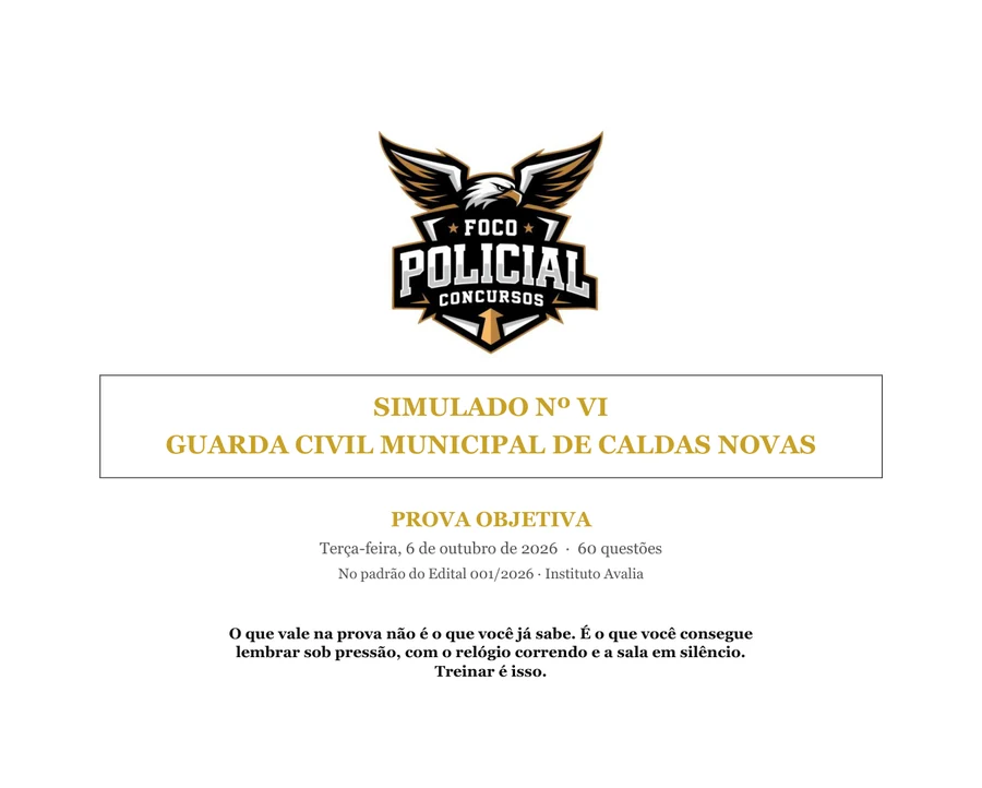 Capa do Simulado nº VI da Guarda Civil Municipal de Caldas Novas, prova objetiva de 60 questões