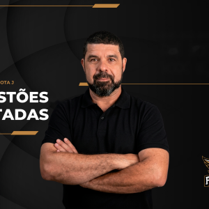 Professor Jota J ao lado do brasão da Guarda Civil de Caldas Novas, com o título 100 Questões Comentadas do Instituto Avalia